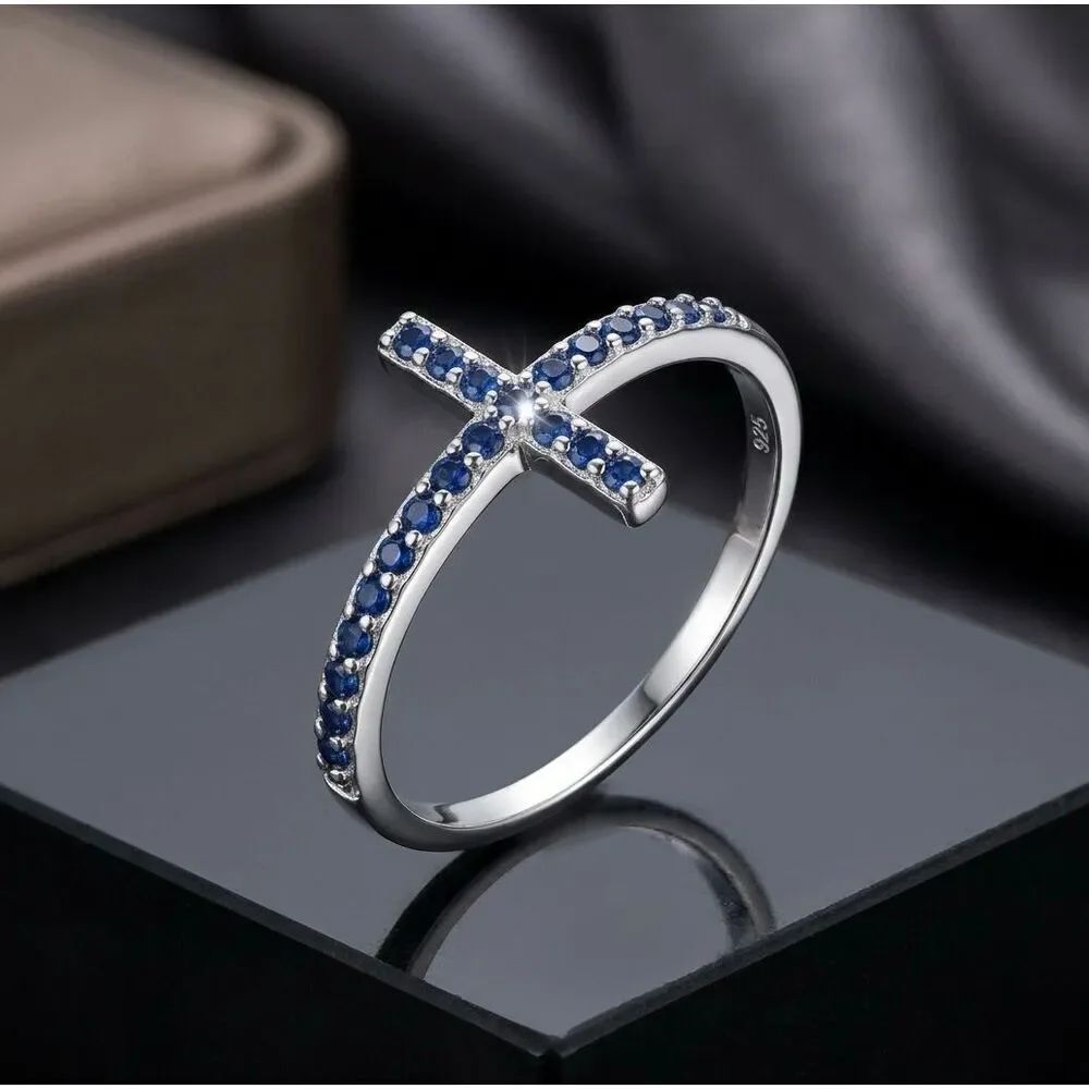 925 Sterling Silver Cross Ring Blue Sapphire CZ Band Sideways Faith Jewelry NEW